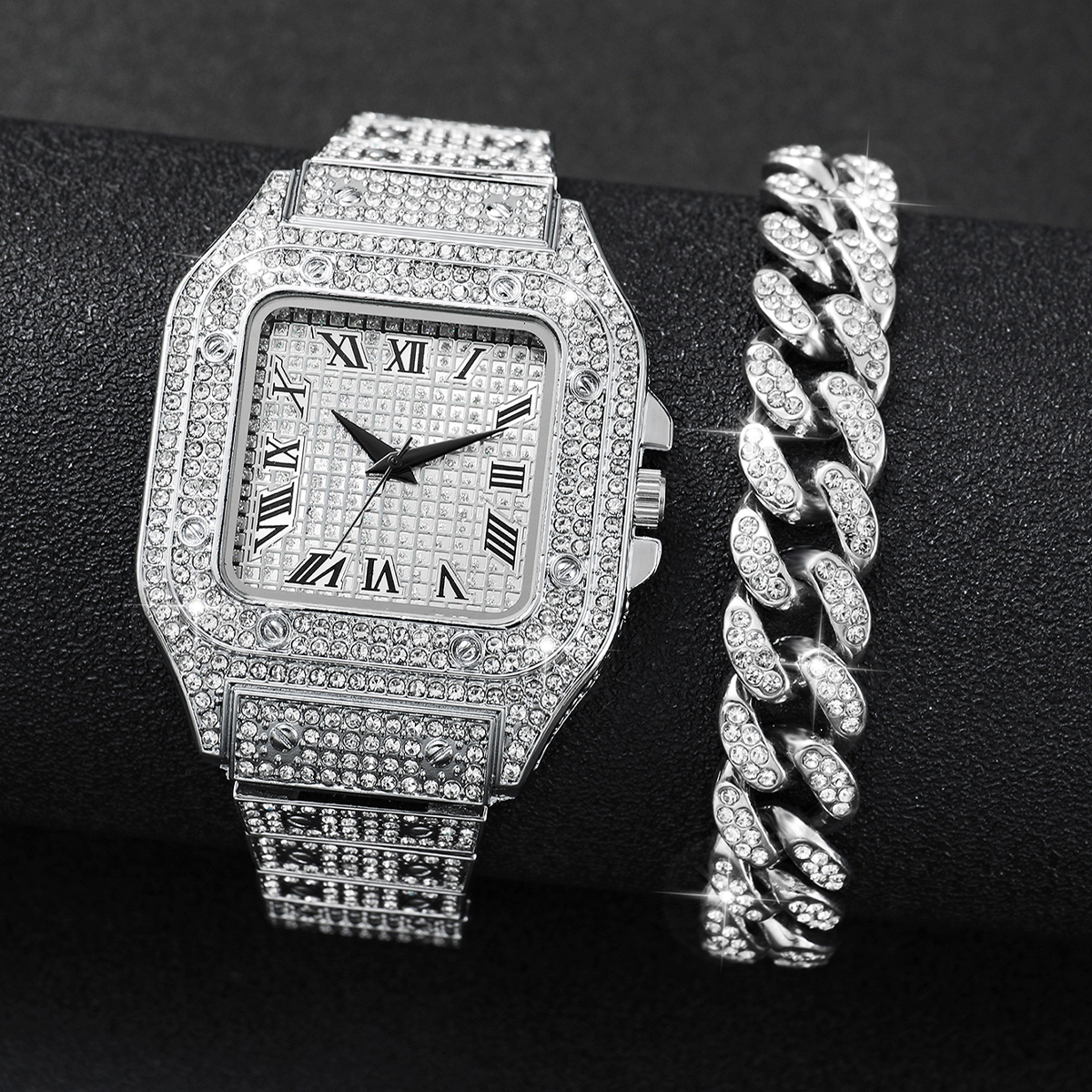 2PCS Iced Out Square Watch & C – Jewelry Style Watches recenzja i cena