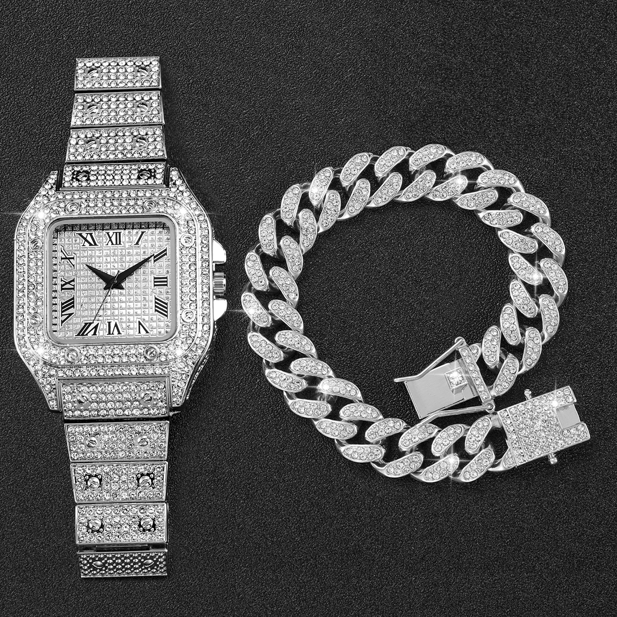 2PCS Iced Out Square Watch & C – Jewelry Style Watches recenzja i cena