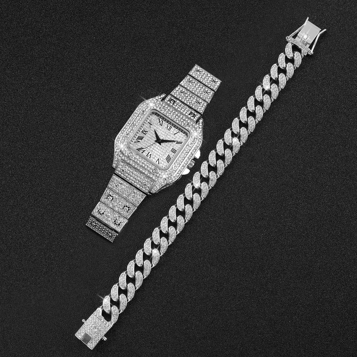 2PCS Iced Out Square Watch & C – Jewelry Style Watches recenzja i cena
